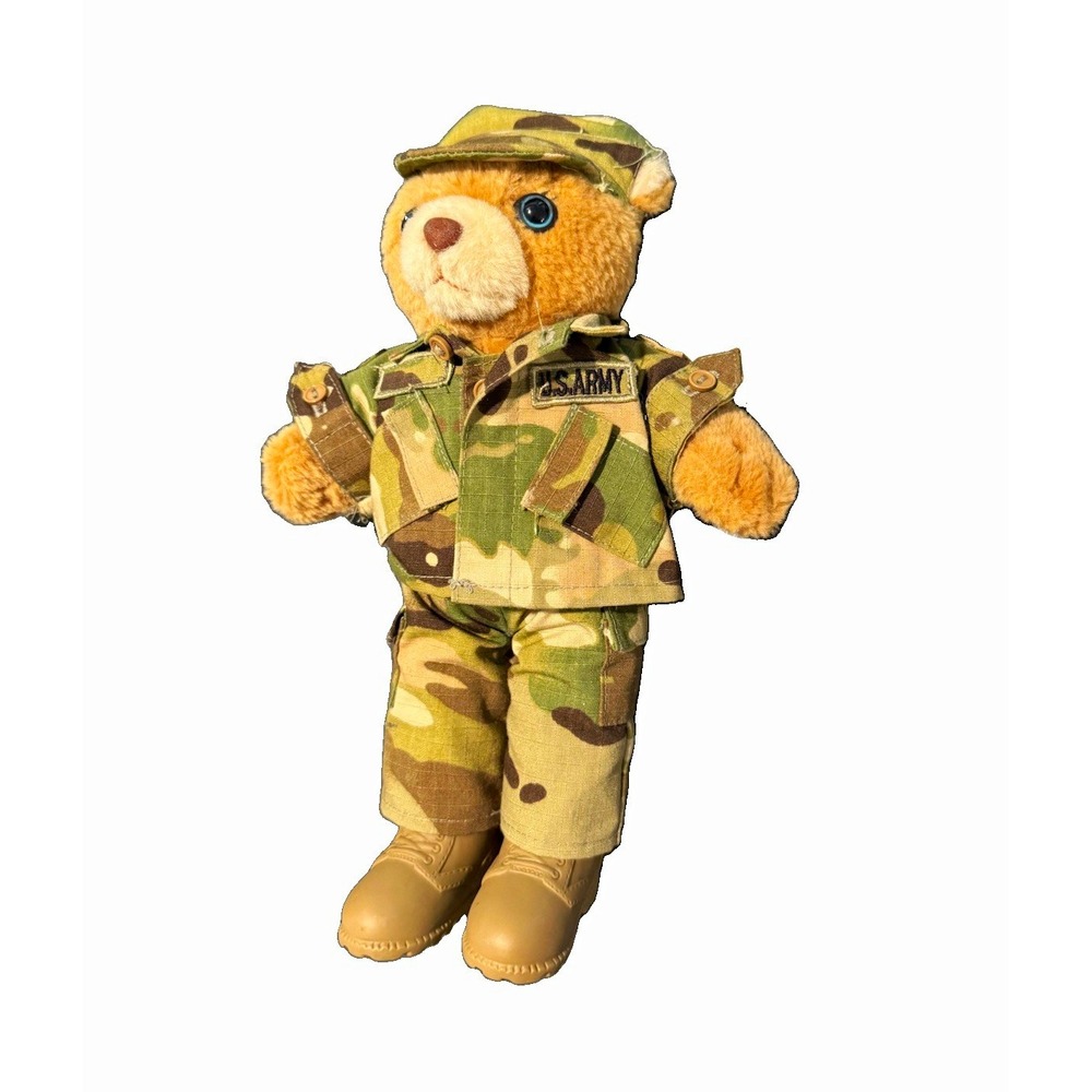 VTG Brown Plush Teddy Bear Blue Eyes in Military Camouflage Uniform US ARMY